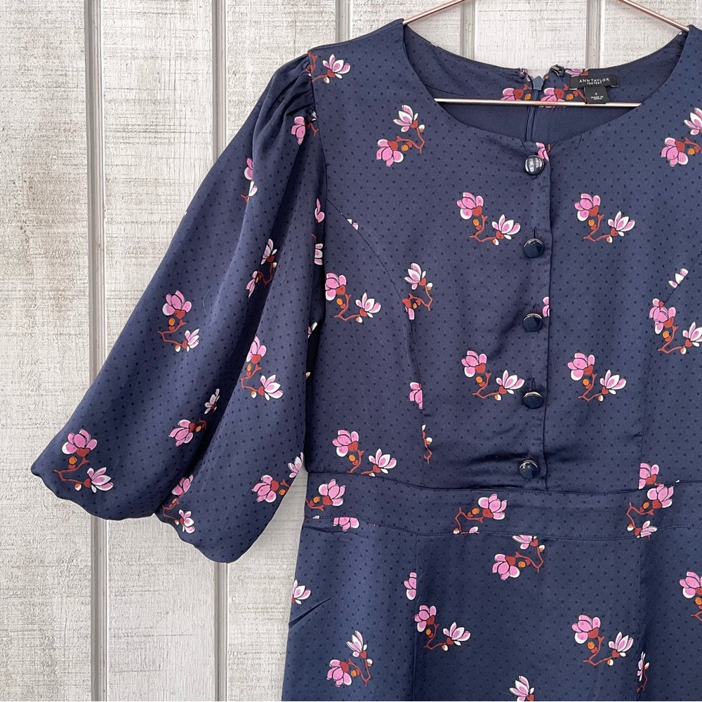 Ann Taylor Navy Floral Polka Dot Midi Dress Puff Sleeve Button Front 2 - Picture 3 of 7